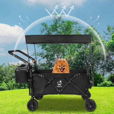 Collapsible Wagon Heavy Duty Folding Wagon Cart with Removable Canopy, 4" Wide Large All Terrain Wheels, Brake, Adjustable Handles,Cooler Bag Utility Carts for Outdoor Garden Beach