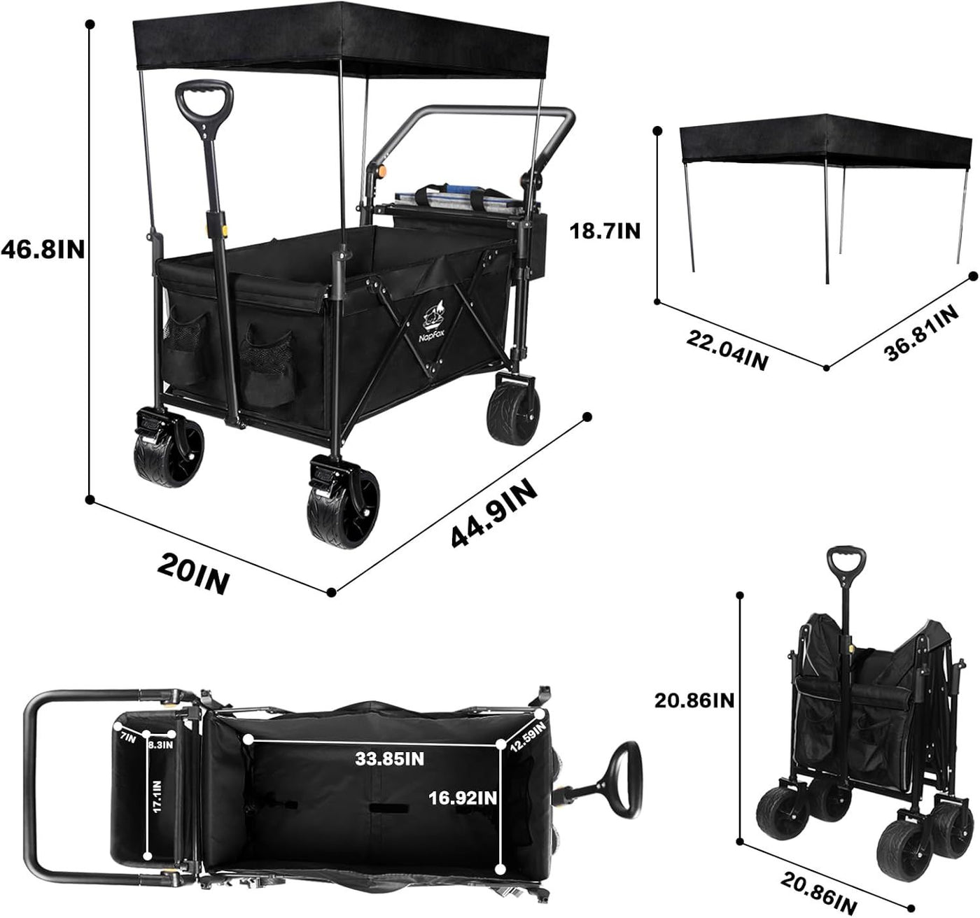Collapsible Wagon Heavy Duty Folding Wagon Cart with Removable Canopy, 4" Wide Large All Terrain Wheels, Brake, Adjustable Handles,Cooler Bag Utility Carts for Outdoor Garden Beach