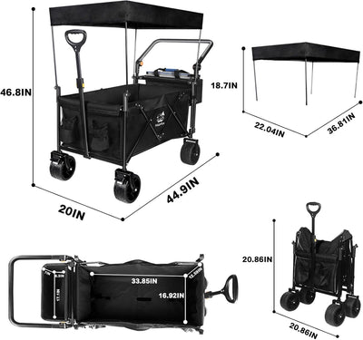 Collapsible Wagon Heavy Duty Folding Wagon Cart with Removable Canopy, 4" Wide Large All Terrain Wheels, Brake, Adjustable Handles,Cooler Bag Utility Carts for Outdoor Garden Beach