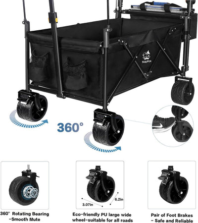 Collapsible Wagon Heavy Duty Folding Wagon Cart with Removable Canopy, 4" Wide Large All Terrain Wheels, Brake, Adjustable Handles,Cooler Bag Utility Carts for Outdoor Garden Beach