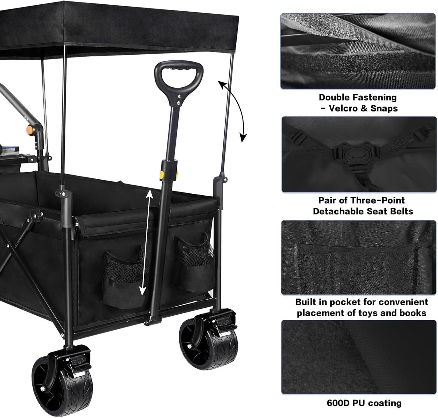 Collapsible Wagon Heavy Duty Folding Wagon Cart with Removable Canopy, 4" Wide Large All Terrain Wheels, Brake, Adjustable Handles,Cooler Bag Utility Carts for Outdoor Garden Beach