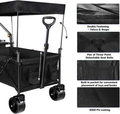 Collapsible Wagon Heavy Duty Folding Wagon Cart with Removable Canopy, 4" Wide Large All Terrain Wheels, Brake, Adjustable Handles,Cooler Bag Utility Carts for Outdoor Garden Beach