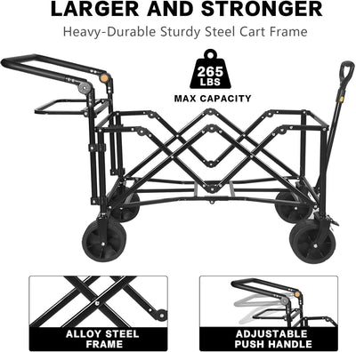 Collapsible Wagon Heavy Duty Folding Wagon Cart with Removable Canopy, 4" Wide Large All Terrain Wheels, Brake, Adjustable Handles,Cooler Bag Utility Carts for Outdoor Garden Beach