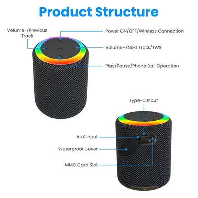 Portable Wireless Speaker Outdoor Party Speaker Mini Waterproof Speaker with 7 RGB Lights Support Calling TWS AUX In MMC Card Input