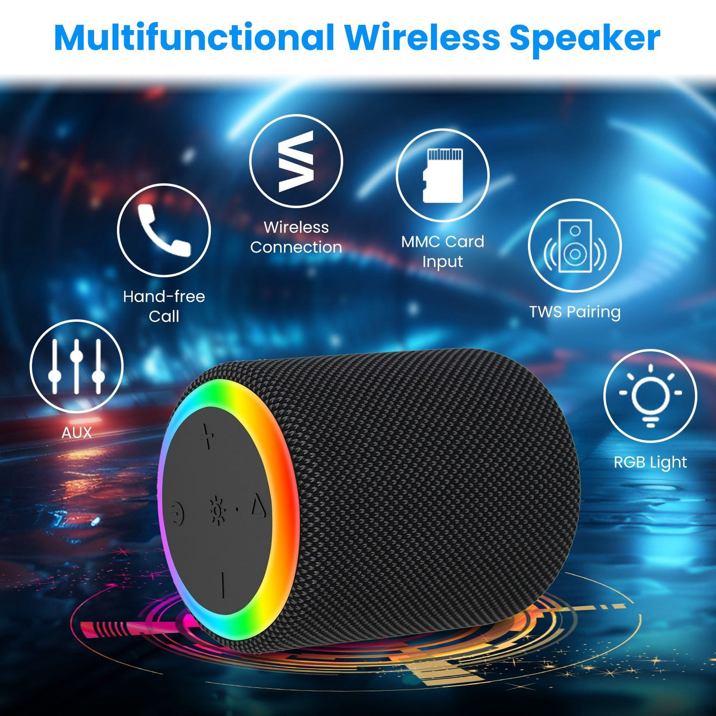 Portable Wireless Speaker Outdoor Party Speaker Mini Waterproof Speaker with 7 RGB Lights Support Calling TWS AUX In MMC Card Input