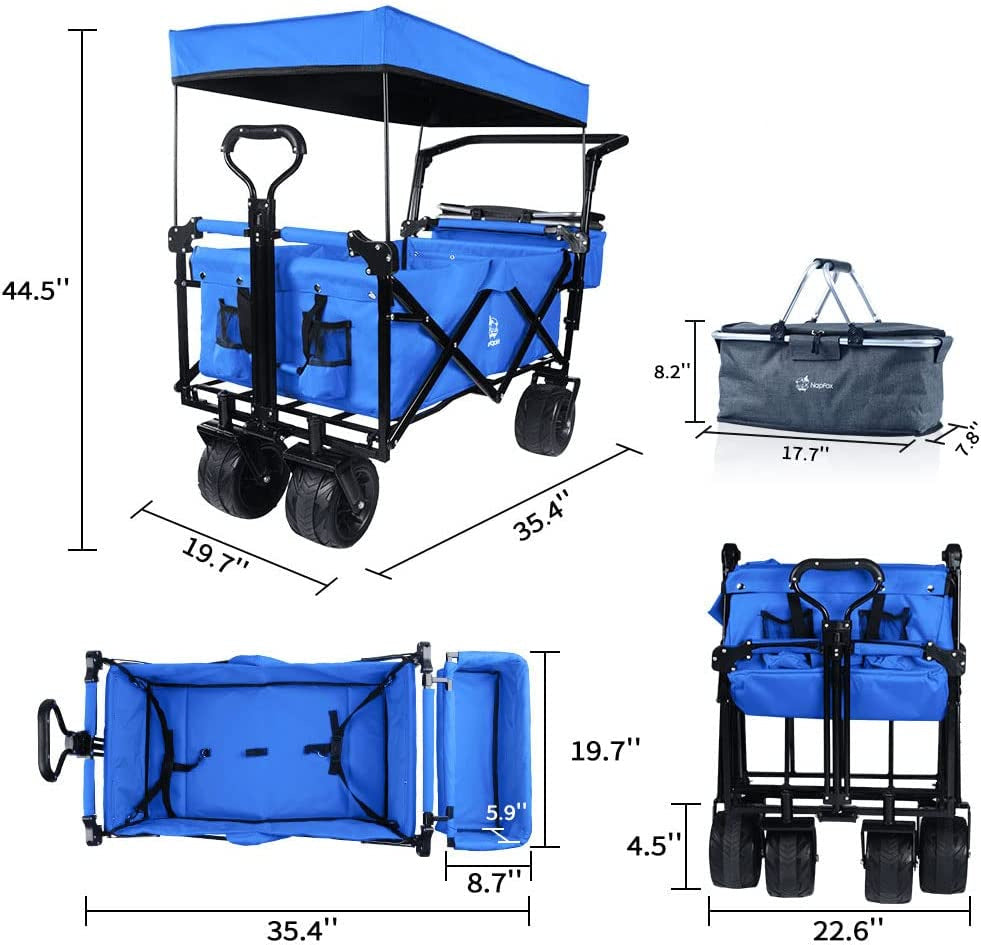 Collapsible Wagon Heavy Duty Folding Wagon Cart with Removable Canopy, 4" Wide Large All Terrain Wheels, Brake, Adjustable Handles,Cooler Bag Utility Carts for Outdoor Garden Beach
