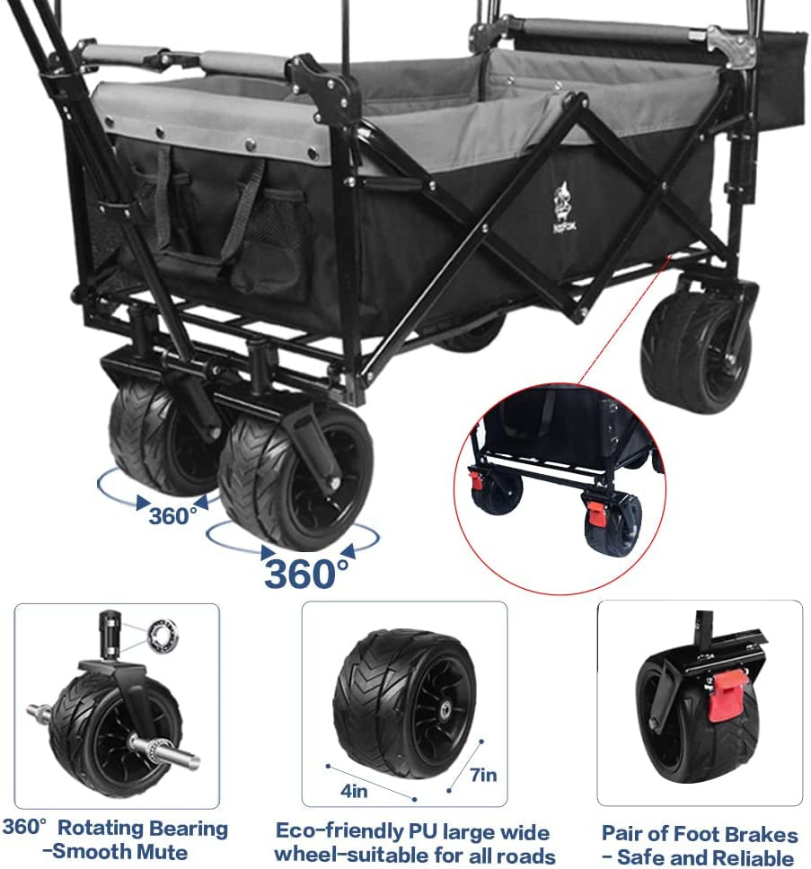 Collapsible Wagon Heavy Duty Folding Wagon Cart with Removable Canopy, 4" Wide Large All Terrain Wheels, Brake, Adjustable Handles,Cooler Bag Utility Carts for Outdoor Garden Beach
