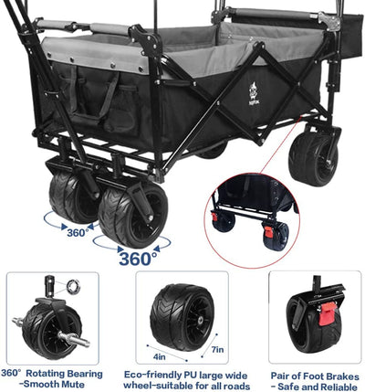 Collapsible Wagon Heavy Duty Folding Wagon Cart with Removable Canopy, 4" Wide Large All Terrain Wheels, Brake, Adjustable Handles,Cooler Bag Utility Carts for Outdoor Garden Beach