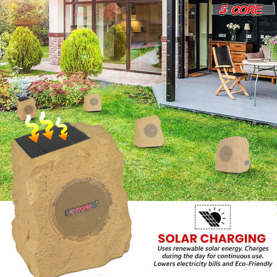5 CORE Outdoor Speakers Bluetooth Waterproof Pair Linkable TWS Patio Pool Garden Wireless 10W RMS Subwoofer Solar Rock Speaker w RGB Light All Weather Use - GRDNSPK SP BRWN