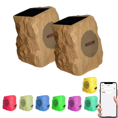 5 CORE Outdoor Speakers Bluetooth Waterproof Pair Linkable TWS Patio Pool Garden Wireless 10W RMS Subwoofer Solar Rock Speaker w RGB Light All Weather Use - GRDNSPK SP BRWN