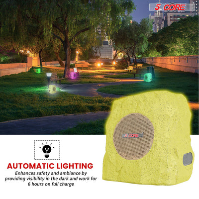 5 CORE Outdoor Speakers Bluetooth Waterproof Pair Linkable TWS Patio Pool Garden Wireless 10W RMS Subwoofer Solar Rock Speaker w RGB Light All Weather Use - GRDNSPK SP BRWN