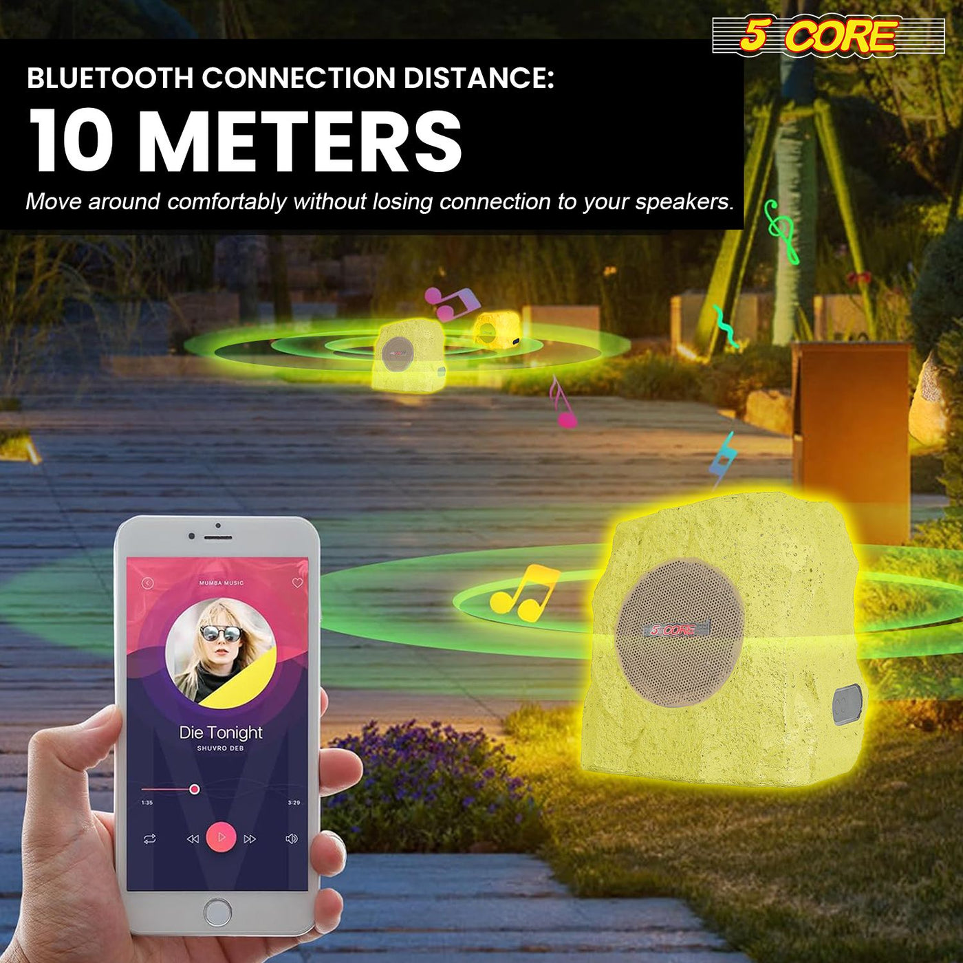 5 CORE Outdoor Speakers Bluetooth Waterproof Pair Linkable TWS Patio Pool Garden Wireless 10W RMS Subwoofer Solar Rock Speaker w RGB Light All Weather Use - GRDNSPK SP BRWN