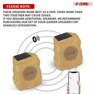 5 CORE Outdoor Speakers Bluetooth Waterproof Pair Linkable TWS Patio Pool Garden Wireless 10W RMS Subwoofer Solar Rock Speaker w RGB Light All Weather Use - GRDNSPK SP BRWN