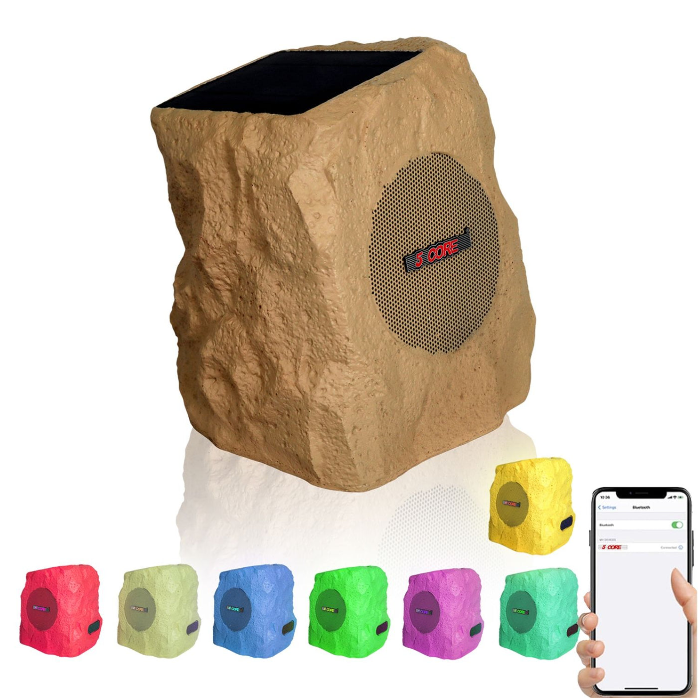 5 CORE Outdoor Speakers Bluetooth Waterproof Pair Linkable TWS Patio Pool Garden Wireless 10W RMS Subwoofer Solar Rock Speaker w RGB Light All Weather Use - GRDNSPK SP BRWN
