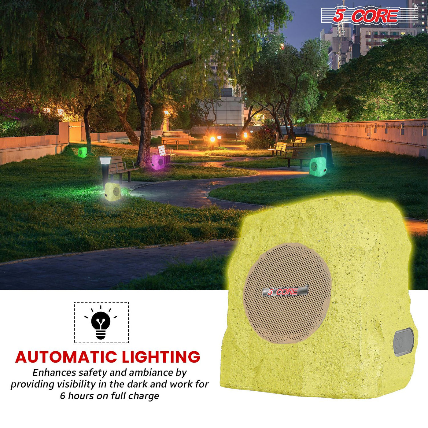 5 CORE Outdoor Speakers Bluetooth Waterproof Pair Linkable TWS Patio Pool Garden Wireless 10W RMS Subwoofer Solar Rock Speaker w RGB Light All Weather Use - GRDNSPK SP BRWN