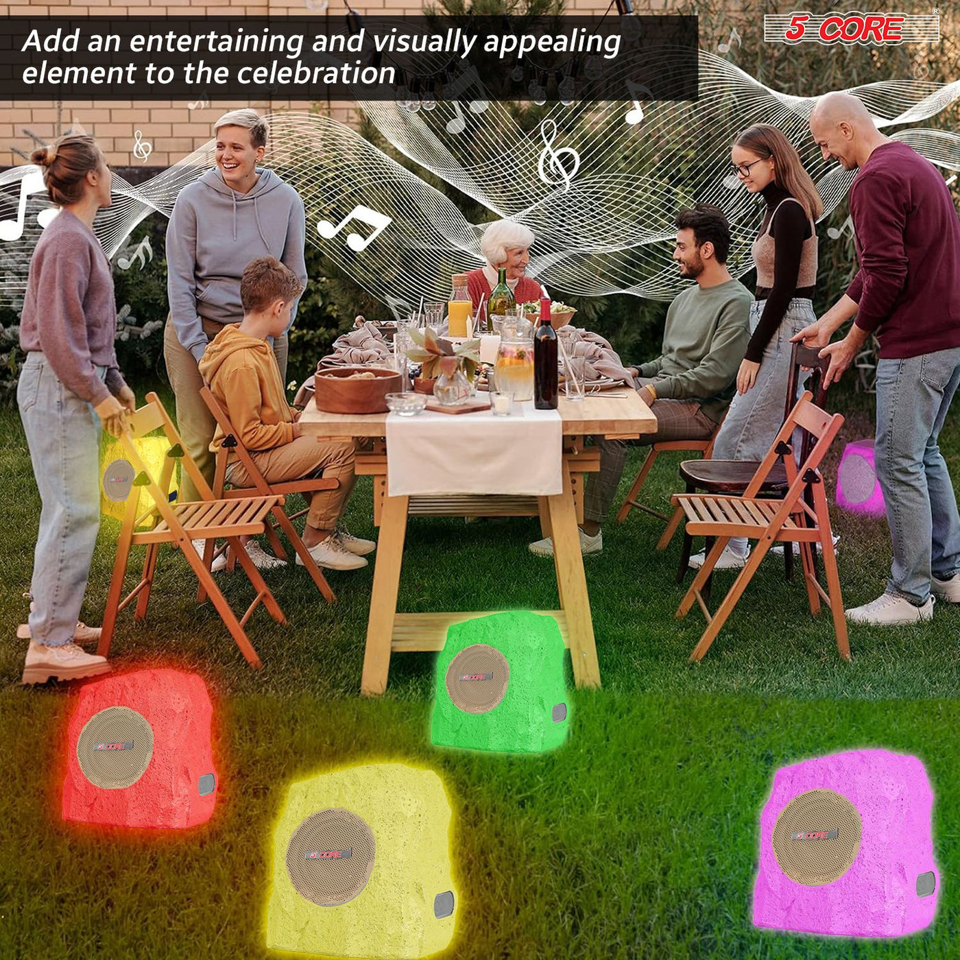 5 CORE Outdoor Speakers Bluetooth Waterproof Pair Linkable TWS Patio Pool Garden Wireless 10W RMS Subwoofer Solar Rock Speaker w RGB Light All Weather Use - GRDNSPK SP BRWN
