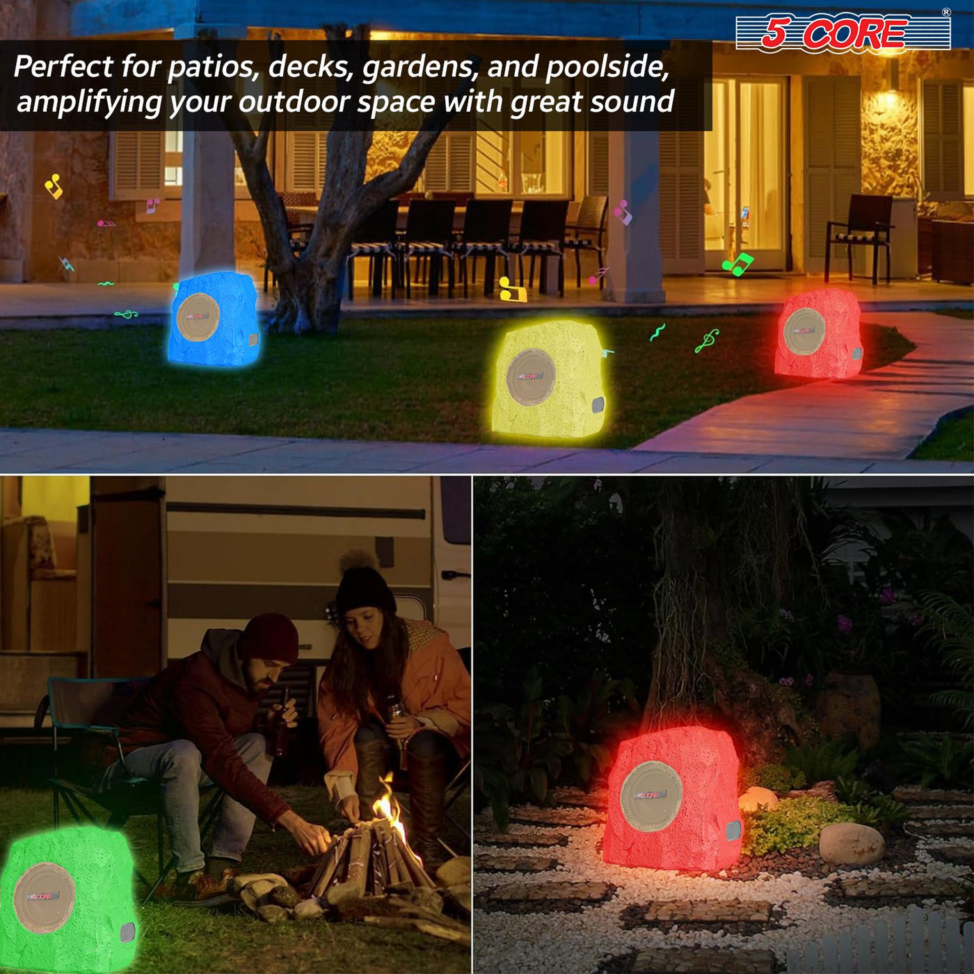 5 CORE Outdoor Speakers Bluetooth Waterproof Pair Linkable TWS Patio Pool Garden Wireless 10W RMS Subwoofer Solar Rock Speaker w RGB Light All Weather Use - GRDNSPK SP BRWN
