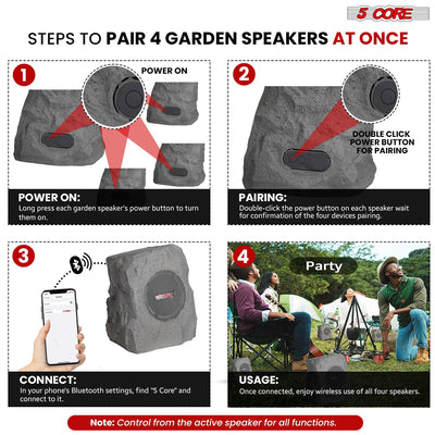 5 CORE Outdoor Speakers Bluetooth Waterproof Pair Linkable TWS Patio Pool Garden Wireless 10W RMS Subwoofer Solar Rock Speaker w RGB Light All Weather Use - GRDNSPK SP GRY