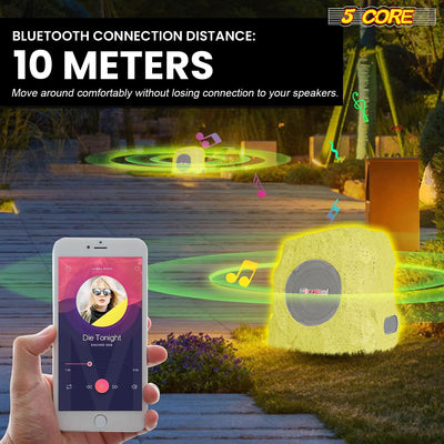 5 CORE Outdoor Speakers Bluetooth Waterproof Pair Linkable TWS Patio Pool Garden Wireless 10W RMS Subwoofer Solar Rock Speaker w RGB Light All Weather Use - GRDNSPK SP GRY