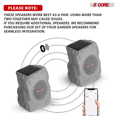 5 CORE Outdoor Speakers Bluetooth Waterproof Pair Linkable TWS Patio Pool Garden Wireless 10W RMS Subwoofer Solar Rock Speaker w RGB Light All Weather Use - GRDNSPK SP GRY