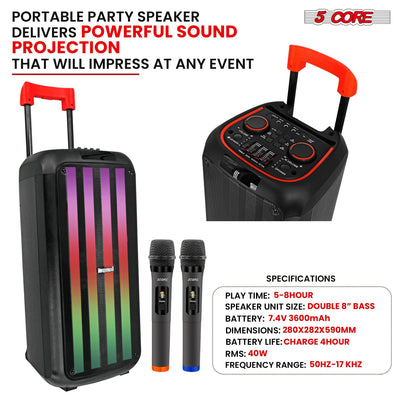5 Core 8 Inch Bluetooth DJ Speaker 3 Way Boom Box Party Speakers Karaoke Machine Portable PA Bocina for Singing with 2 Wireless Microphone + Light PLB 8X2 2MIC