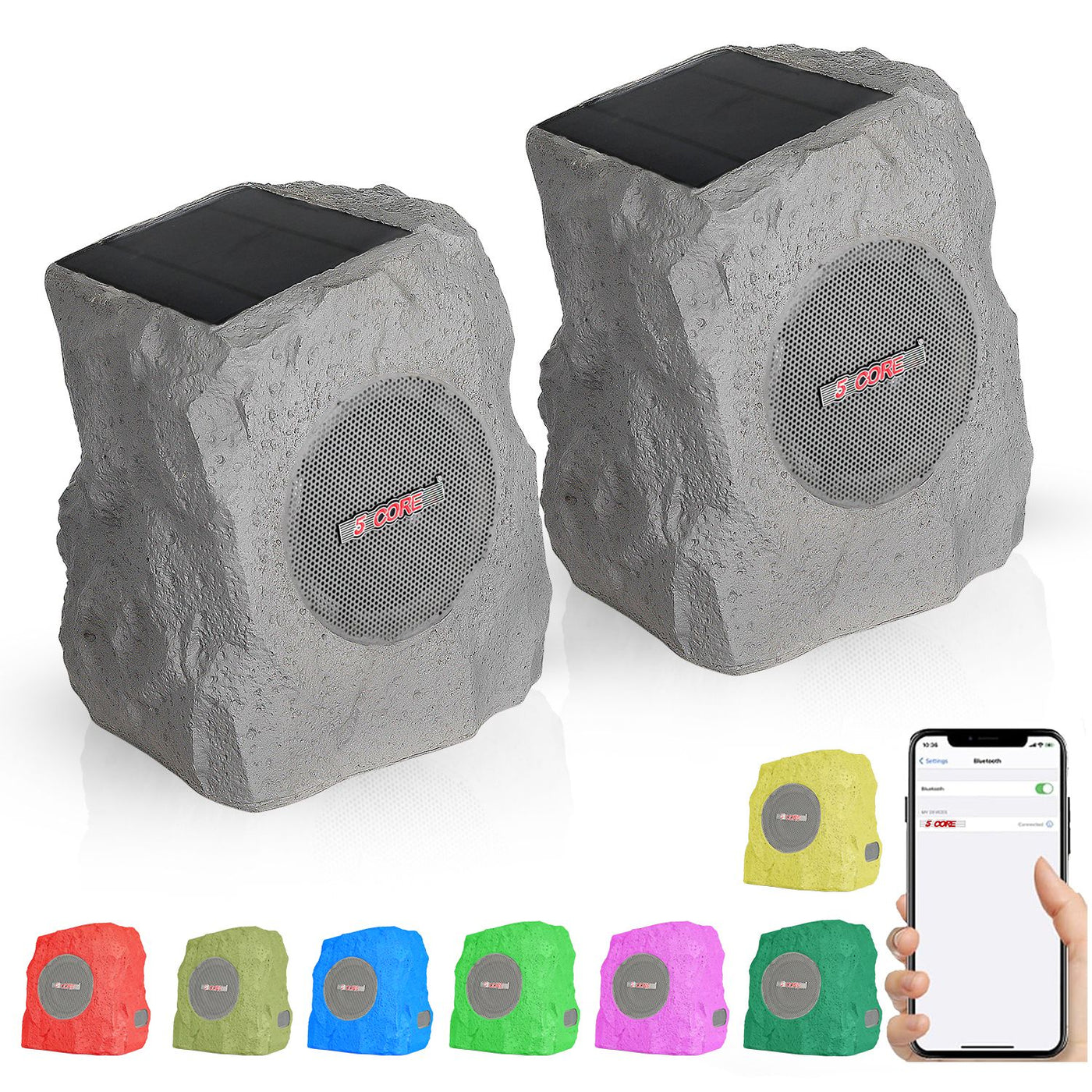 5 CORE Outdoor Speakers Bluetooth Waterproof Pair Linkable TWS Patio Pool Garden Wireless 10W RMS Subwoofer Solar Rock Speaker w RGB Light All Weather Use - GRDNSPK SP GRY