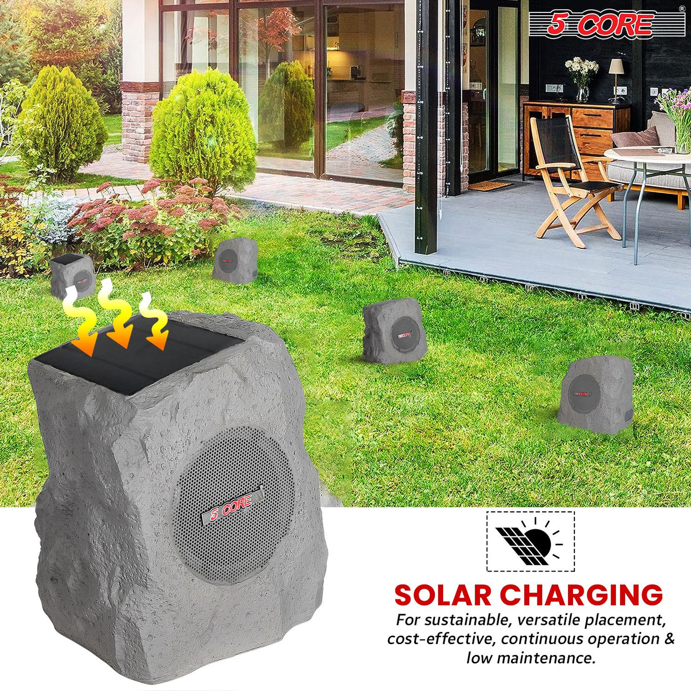 5 CORE Outdoor Speakers Bluetooth Waterproof Pair Linkable TWS Patio Pool Garden Wireless 10W RMS Subwoofer Solar Rock Speaker w RGB Light All Weather Use - GRDNSPK SP GRY