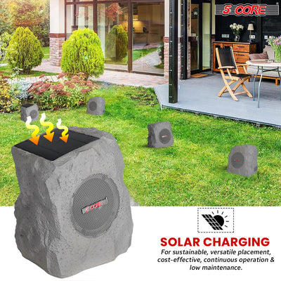 5 CORE Outdoor Speakers Bluetooth Waterproof Pair Linkable TWS Patio Pool Garden Wireless 10W RMS Subwoofer Solar Rock Speaker w RGB Light All Weather Use - GRDNSPK SP GRY
