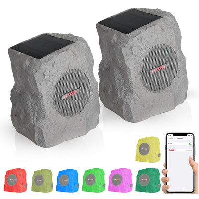 5 CORE Outdoor Speakers Bluetooth Waterproof Pair Linkable TWS Patio Pool Garden Wireless 10W RMS Subwoofer Solar Rock Speaker w RGB Light All Weather Use - GRDNSPK SP GRY