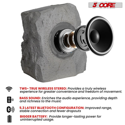 5 CORE Outdoor Speakers Bluetooth Waterproof Pair Linkable TWS Patio Pool Garden Wireless 10W RMS Subwoofer Solar Rock Speaker w RGB Light All Weather Use - GRDNSPK SP GRY