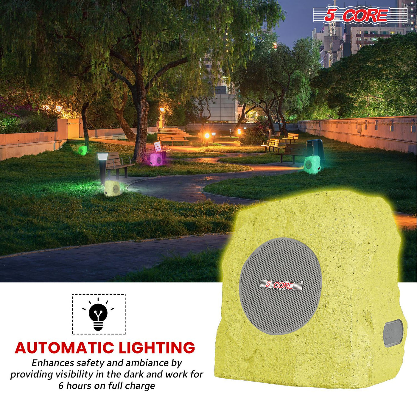 5 CORE Outdoor Speakers Bluetooth Waterproof Pair Linkable TWS Patio Pool Garden Wireless 10W RMS Subwoofer Solar Rock Speaker w RGB Light All Weather Use - GRDNSPK SP GRY