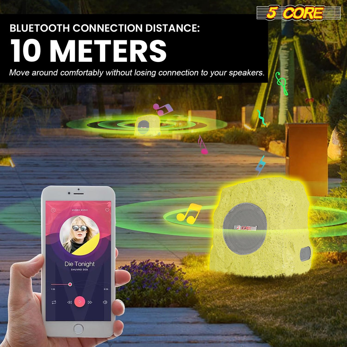 5 CORE Outdoor Speakers Bluetooth Waterproof Pair Linkable TWS Patio Pool Garden Wireless 10W RMS Subwoofer Solar Rock Speaker w RGB Light All Weather Use - GRDNSPK SP GRY