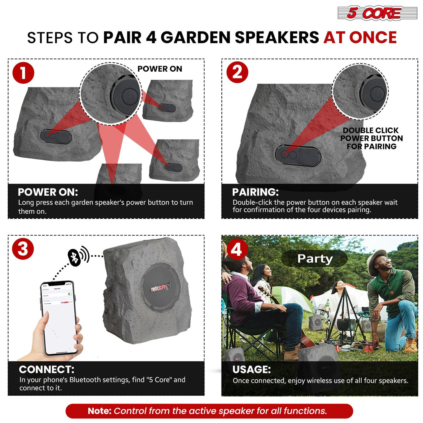 5 CORE Outdoor Speakers Bluetooth Waterproof Pair Linkable TWS Patio Pool Garden Wireless 10W RMS Subwoofer Solar Rock Speaker w RGB Light All Weather Use - GRDNSPK SP GRY