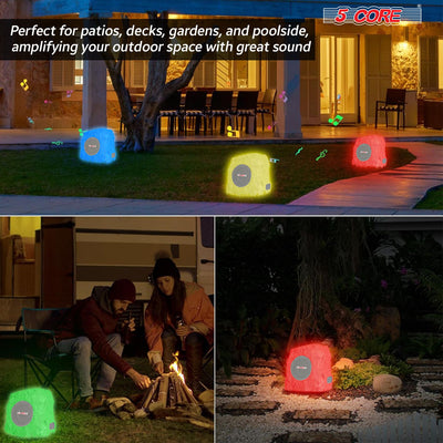 5 CORE Outdoor Speakers Bluetooth Waterproof Pair Linkable TWS Patio Pool Garden Wireless 10W RMS Subwoofer Solar Rock Speaker w RGB Light All Weather Use - GRDNSPK SP GRY