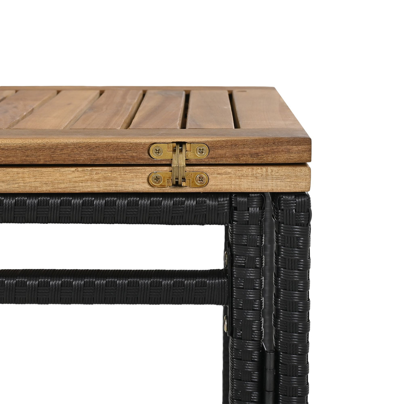 GO 5-Piece Outdoor Acacia Wood Bar Height Table And Four Stools With Cushions, Garden PE Rattan Wicker Dining Table, Foldable Tabletop, High-Dining Bistro Set, All-Weather Patio Furniture, Brown