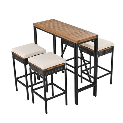 GO 5-Piece Outdoor Acacia Wood Bar Height Table And Four Stools With Cushions, Garden PE Rattan Wicker Dining Table, Foldable Tabletop, High-Dining Bistro Set, All-Weather Patio Furniture, Brown