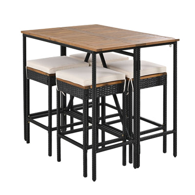 GO 5-Piece Outdoor Acacia Wood Bar Height Table And Four Stools With Cushions, Garden PE Rattan Wicker Dining Table, Foldable Tabletop, High-Dining Bistro Set, All-Weather Patio Furniture, Brown