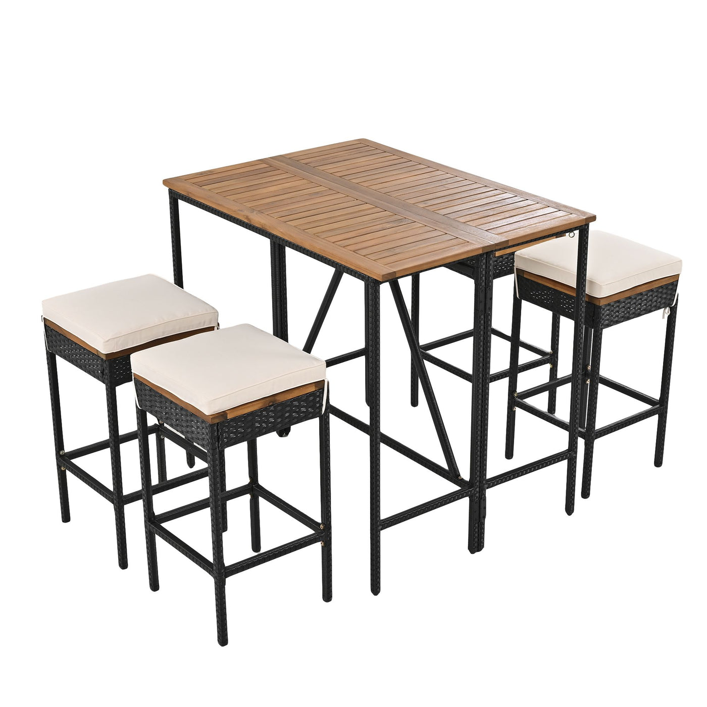 GO 5-Piece Outdoor Acacia Wood Bar Height Table And Four Stools With Cushions, Garden PE Rattan Wicker Dining Table, Foldable Tabletop, High-Dining Bistro Set, All-Weather Patio Furniture, Brown