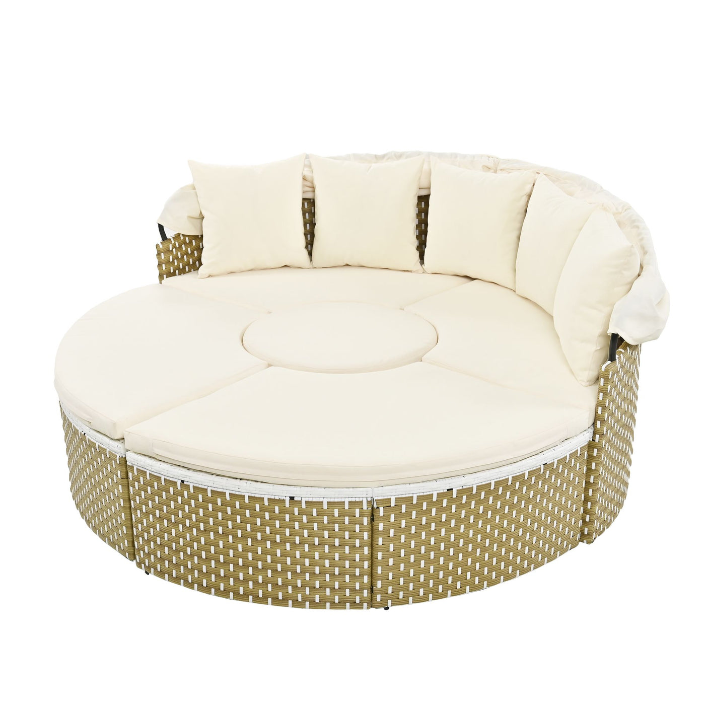 TOPMAX Patio Furniture Round Outdoor Sectional Sofa Set Rattan Daybed Two-Tone Weave Sunbed with Retractable Canopy, Separate Seating and Removable Cushion, Beige