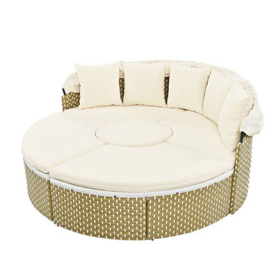 TOPMAX Patio Furniture Round Outdoor Sectional Sofa Set Rattan Daybed Two-Tone Weave Sunbed with Retractable Canopy, Separate Seating and Removable Cushion, Beige