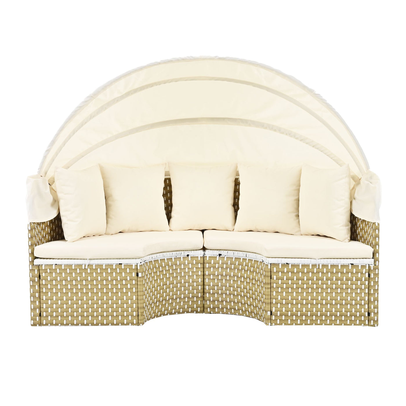 TOPMAX Patio Furniture Round Outdoor Sectional Sofa Set Rattan Daybed Two-Tone Weave Sunbed with Retractable Canopy, Separate Seating and Removable Cushion, Beige