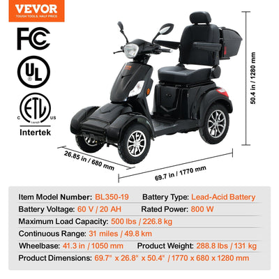 VEVOR Heavy Duty 4-Wheel Mobility Scooters for Seniors & Adults 500lbs Capacity - 31 Miles 3-Speed Long Range, 800W All Terrain Electric Recreational Scooter Wheelchair with 25° Max Climbing Capacity