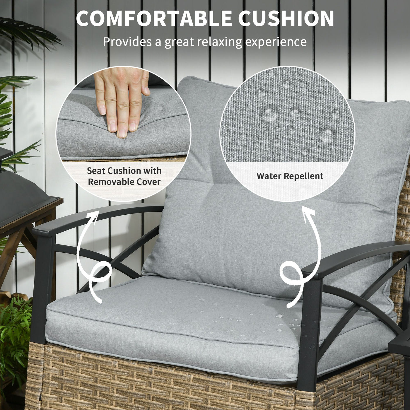 Outsunny Rocking Bistro Set 3PC Wicker Outdoor Furniture with Rocker Chairs Cushions Coffee Table Light Grey