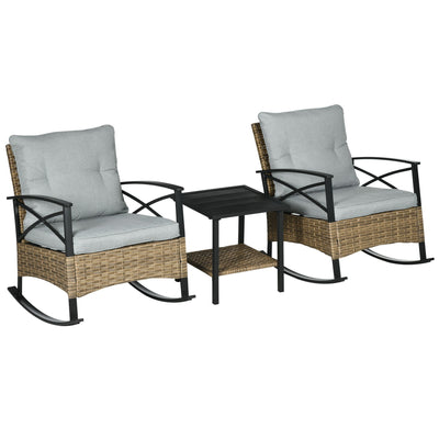 Outsunny Rocking Bistro Set 3PC Wicker Outdoor Furniture with Rocker Chairs Cushions Coffee Table Light Grey