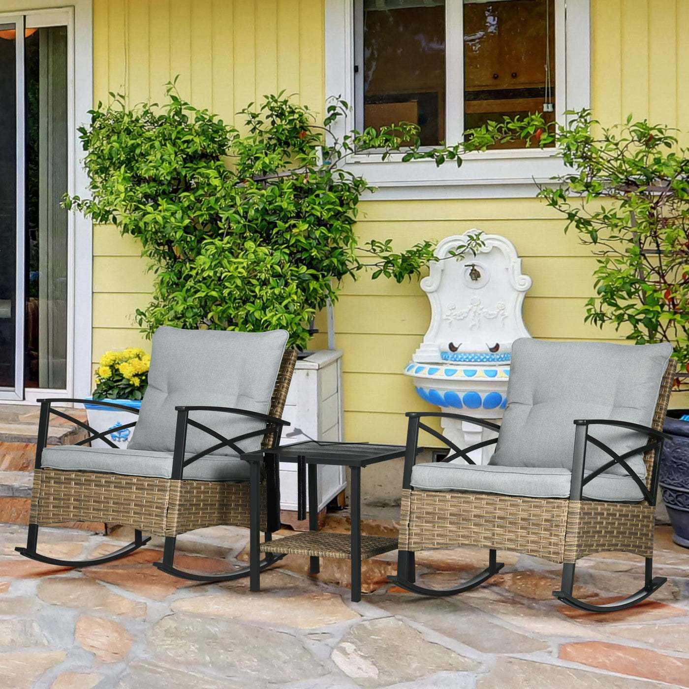 Outsunny Rocking Bistro Set 3PC Wicker Outdoor Furniture with Rocker Chairs Cushions Coffee Table Light Grey