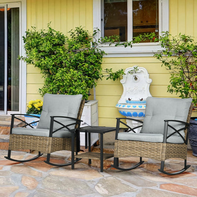 Outsunny Rocking Bistro Set 3PC Wicker Outdoor Furniture with Rocker Chairs Cushions Coffee Table Light Grey