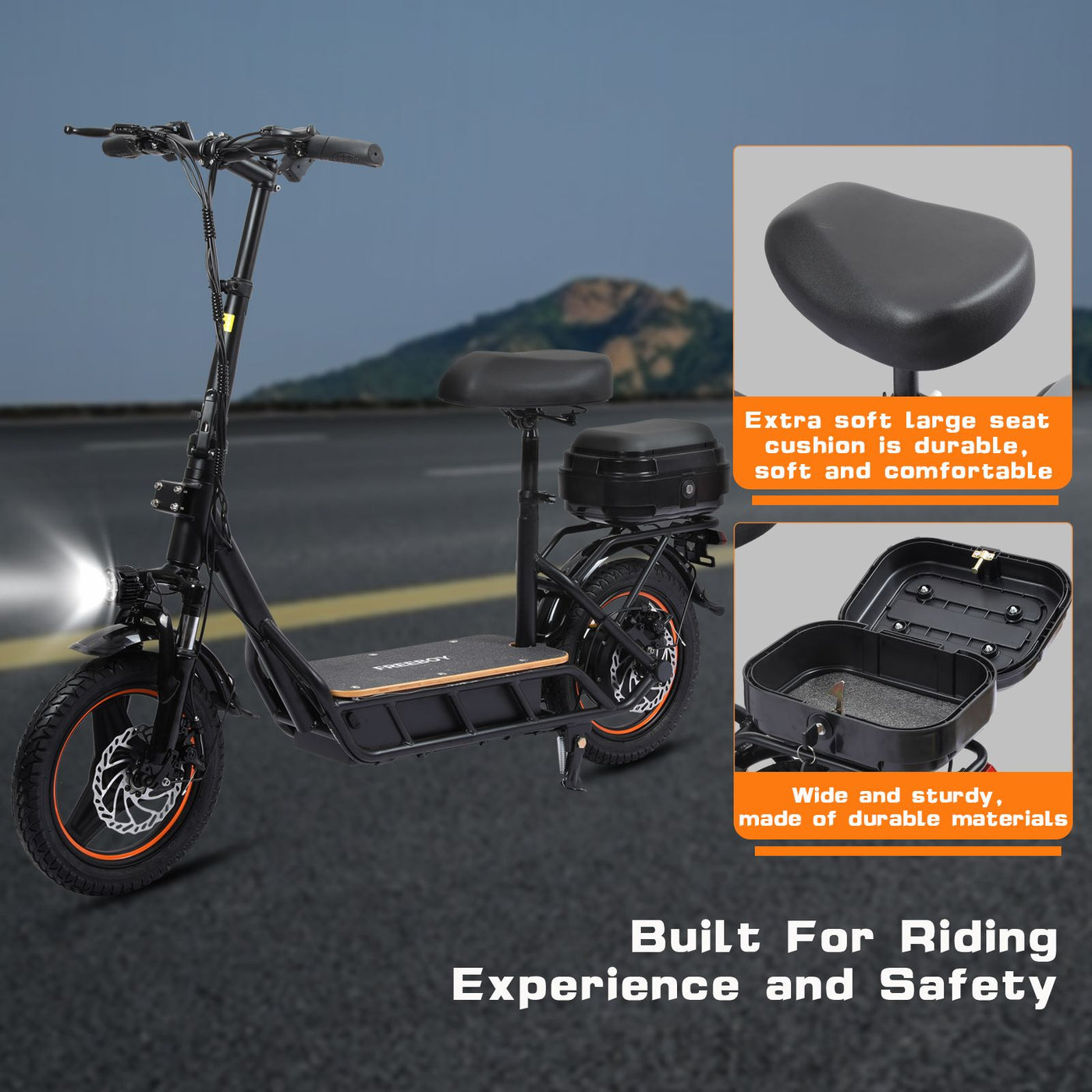 WHOSU 750W Electric Scooter with Seat for Adults - 25 MPH, 29 Mile Range, 14" Pneumatic Tires, Adjustable Handlebars & Foldable Design w/Storage Box - Commuter E-Scooter