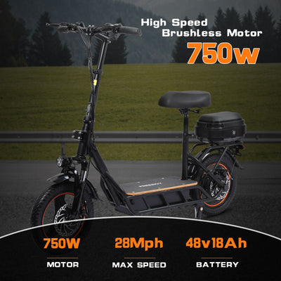 WHOSU 750W Electric Scooter with Seat for Adults - 25 MPH, 29 Mile Range, 14" Pneumatic Tires, Adjustable Handlebars & Foldable Design w/Storage Box - Commuter E-Scooter