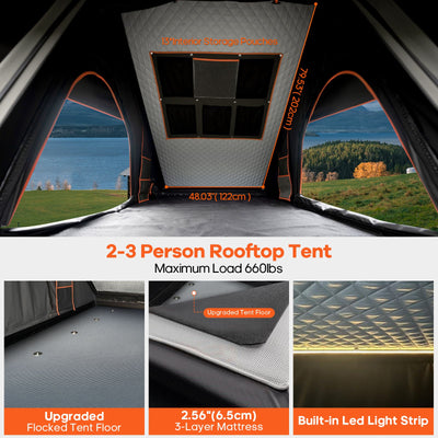 Adventurer Pro Rooftop Tent Hard Shell with USB Outlet, Side Awning, Replaceable Rain Fly&Luggage Racks for 4 Season Camping, Aluminum Pop Up 2-3 Person Roof Top Tent for Truck Jeep SUV Car Van