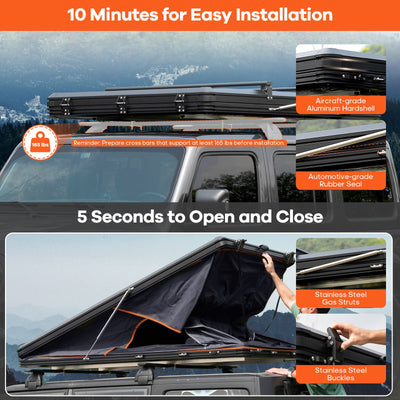 Adventurer Pro Rooftop Tent Hard Shell with USB Outlet, Side Awning, Replaceable Rain Fly&Luggage Racks for 4 Season Camping, Aluminum Pop Up 2-3 Person Roof Top Tent for Truck Jeep SUV Car Van